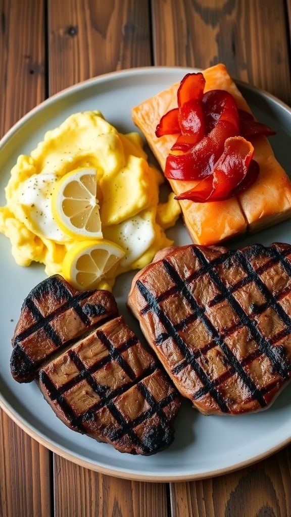 A delicious carnivore meal with grilled steak, baked salmon, and scrambled eggs with bacon.